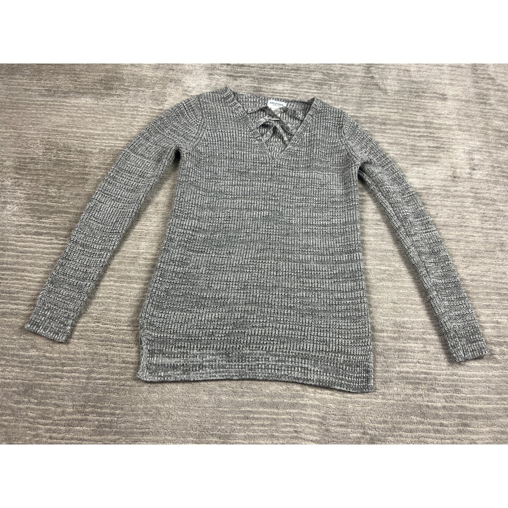 Arizona Jean Co Sweater Women Medium Grey V-Neck Lattice Strappy Chunky Knit Top